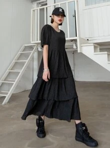 DAZY Đầm Viên lá sen phân lớp màu trơn Giải trí - màu đen - Xem 3