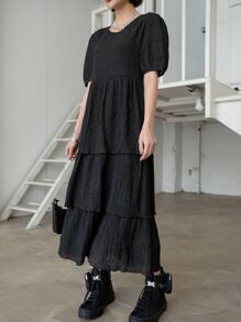 DAZY Đầm Viên lá sen phân lớp màu trơn Giải trí - màu đen - Xem 5