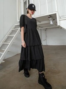 DAZY Đầm Viên lá sen phân lớp màu trơn Giải trí - màu đen - Xem 6