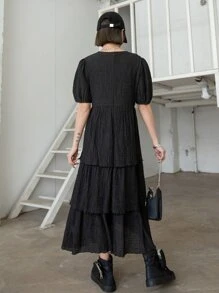 DAZY Đầm Viên lá sen phân lớp màu trơn Giải trí - màu đen - Xem 7