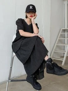 DAZY Đầm Viên lá sen phân lớp màu trơn Giải trí - màu đen - Xem 9