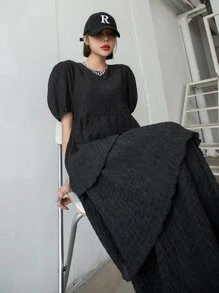 DAZY Đầm Viên lá sen phân lớp màu trơn Giải trí - màu đen - Xem 10