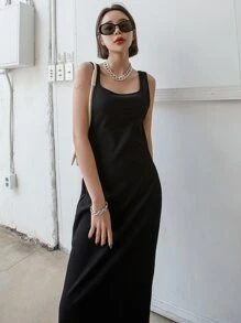 DAZY Chất rắn Gân đan Váy ba lỗ - màu đen - Xem 1