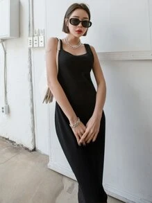 DAZY Chất rắn Gân đan Váy ba lỗ - màu đen - Xem 3