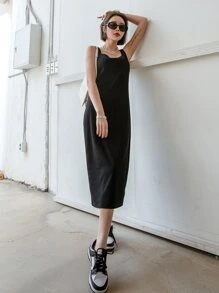 DAZY Chất rắn Gân đan Váy ba lỗ - màu đen - Xem 4