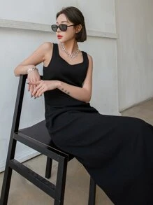 DAZY Chất rắn Gân đan Váy ba lỗ - màu đen - Xem 5