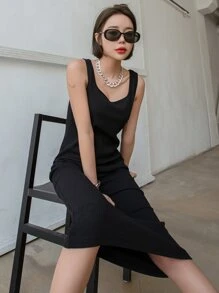 DAZY Chất rắn Gân đan Váy ba lỗ - màu đen - Xem 6