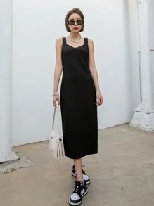 DAZY Chất rắn Gân đan Váy ba lỗ - màu đen - Xem 7