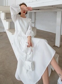 DAZY Solid Bishop Sleeve Keyhole Back Dress - White - View 1