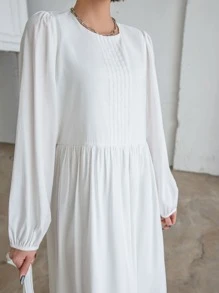 DAZY Solid Bishop Sleeve Keyhole Back Dress - White - View 3