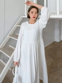 DAZY Solid Bishop Sleeve Keyhole Back Dress - White - View 4