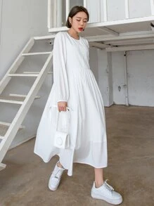 DAZY Solid Bishop Sleeve Keyhole Back Dress - White - View 5