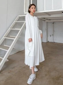 DAZY Solid Bishop Sleeve Keyhole Back Dress - White - View 6