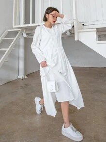 DAZY Solid Bishop Sleeve Keyhole Back Dress - White - View 7