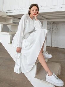 DAZY Solid Bishop Sleeve Keyhole Back Dress - White - View 8