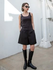 DAZY 素色斜口袋短褲 - 黑色 - 查看 3