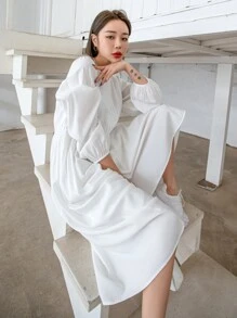 DAZY Solid Bishop Sleeve Keyhole Back Dress - White - View 9