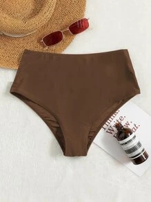 High Waisted Bikini Bottom, For Summer Beach Vacation - Coffee Brown - View 1