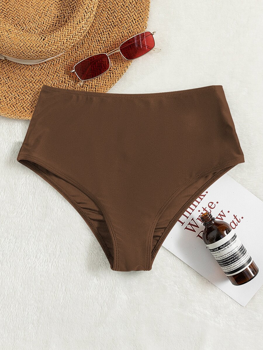 High Waisted Bikini Bottom, For Summer Beach Vacation - Coffee Brown - View 1