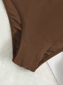 High Waisted Bikini Bottom, For Summer Beach Vacation - Coffee Brown - View 3