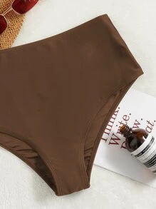 High Waisted Bikini Bottom, For Summer Beach Vacation - Coffee Brown - View 5
