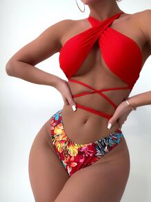 Floral Print Bikini Set Cross Tie Back Bra & High Cut Bottom 2 Piece Bathing Suit - Red - View 1