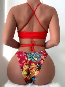 Floral Print Bikini Set Cross Tie Back Bra & High Cut Bottom 2 Piece Bathing Suit - Red - View 5