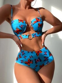 SHEIN Swim 夏季海灘蝴蝶印花圓環連身聚集比基尼 - 藍色 - 查看 1