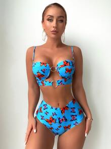 SHEIN Swim 夏季海灘蝴蝶印花圓環連身聚集比基尼 - 藍色 - 查看 3