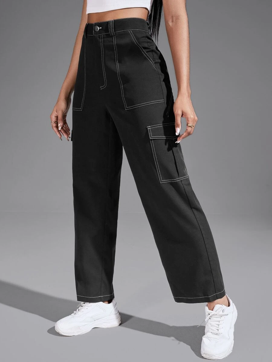 SHEIN EZwear Solid Flap Pocket Pants - Black - View 1