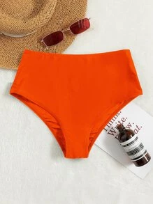 Solid Simple High Waisted Bikini Bottom, Summer Beach Bathing Suit - Orange - View 1