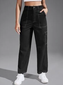 SHEIN EZwear Solid Flap Pocket Pants - Black - View 3