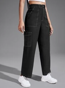 SHEIN EZwear Solid Flap Pocket Pants - Black - View 4