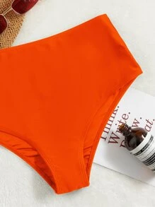 Solid Simple High Waisted Bikini Bottom, Summer Beach Bathing Suit - Orange - View 3