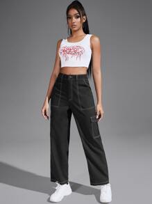 SHEIN EZwear Solid Flap Pocket Pants - Black - View 5