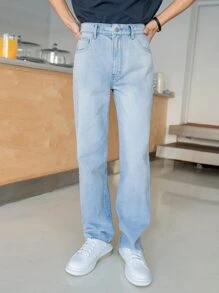 Manfinity 男士斜口袋毛邊牛仔褲 - 淺色水洗藍 - 查看 1