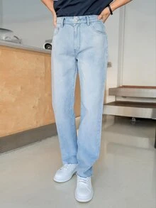 Manfinity 男士斜口袋毛邊牛仔褲 - 淺色水洗藍 - 查看 6