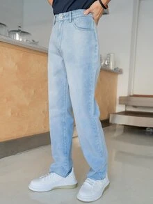 Manfinity 男士斜口袋毛邊牛仔褲 - 淺色水洗藍 - 查看 7