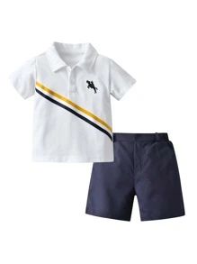 SHEIN Toddler Boys Diagonal Stripe Polo Shirt With Shorts - Blue and White - View 1