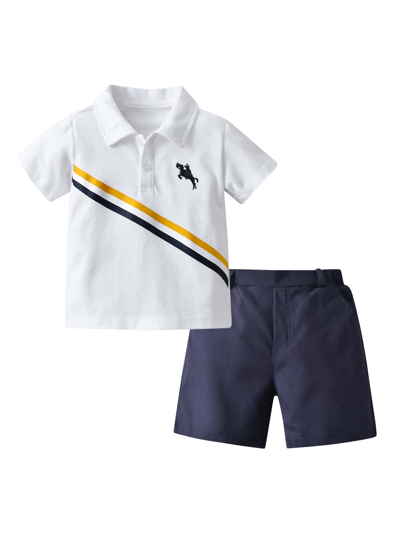 SHEIN Toddler Boys Diagonal Stripe Polo Shirt With Shorts - Blue and White - View 1