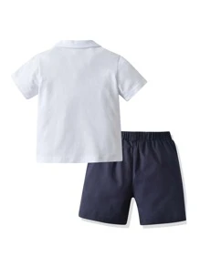 SHEIN Toddler Boys Diagonal Stripe Polo Shirt With Shorts - Blue and White - View 2