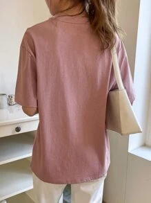 Off-The-Shoulder T-Shirt With Embroidered Lettering, Preppy Summer Style - Pale Pink - View 2