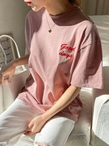 Off-The-Shoulder T-Shirt With Embroidered Lettering, Preppy Summer Style - Pale Pink - View 3