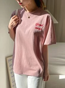Off-The-Shoulder T-Shirt With Embroidered Lettering, Preppy Summer Style - Pale Pink - View 4