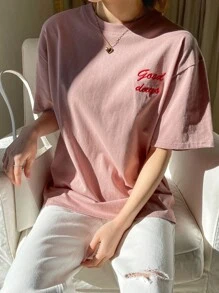 Off-The-Shoulder T-Shirt With Embroidered Lettering, Preppy Summer Style - Pale Pink - View 5