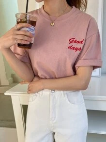 Off-The-Shoulder T-Shirt With Embroidered Lettering, Preppy Summer Style - Pale Pink - View 6