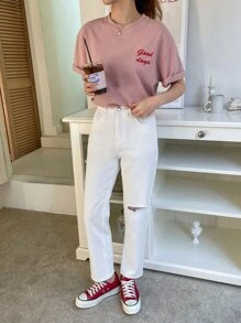 Off-The-Shoulder T-Shirt With Embroidered Lettering, Preppy Summer Style - Pale Pink - View 7