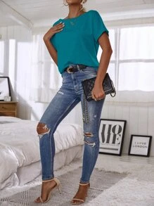 EMERY ROSE 蝙蝠袖素色T恤 - 青碧色 - 查看 4