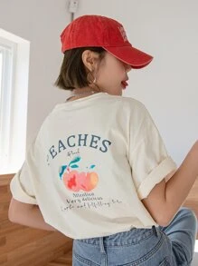 DAZY Peach And Letter Graphic Drop Shoulder Tee - Beige - View 1