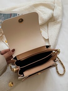 防水、輕盈、商務休閒迷你拼色絎縫鏈條翻蓋方形包適合青少年女孩女大學生、菜鳥和白領，非常適合辦公室、大學、工作、商務、通勤 - 米色 - 查看 3